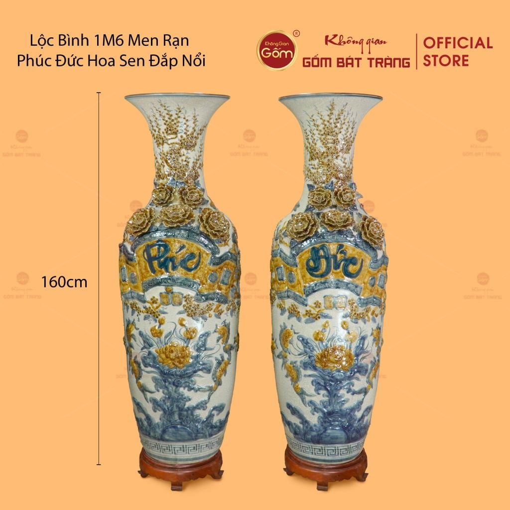 Lộc Bình Men Rạn Phúc Đức Hoa Sen Đắp Nổi