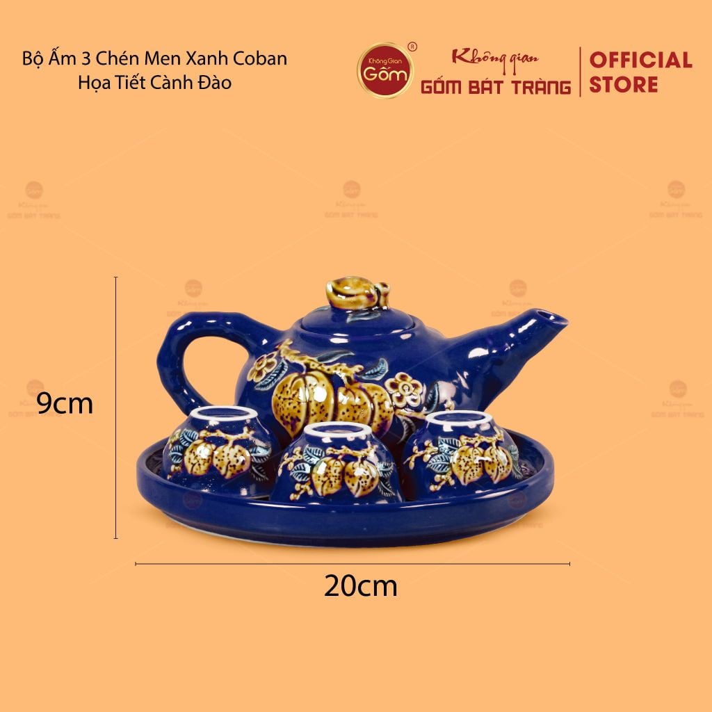 Bộ Ấm 3 Chén Thờ Men Ngọc Hoàng Tộc Hoạ Tiết Cành Đào