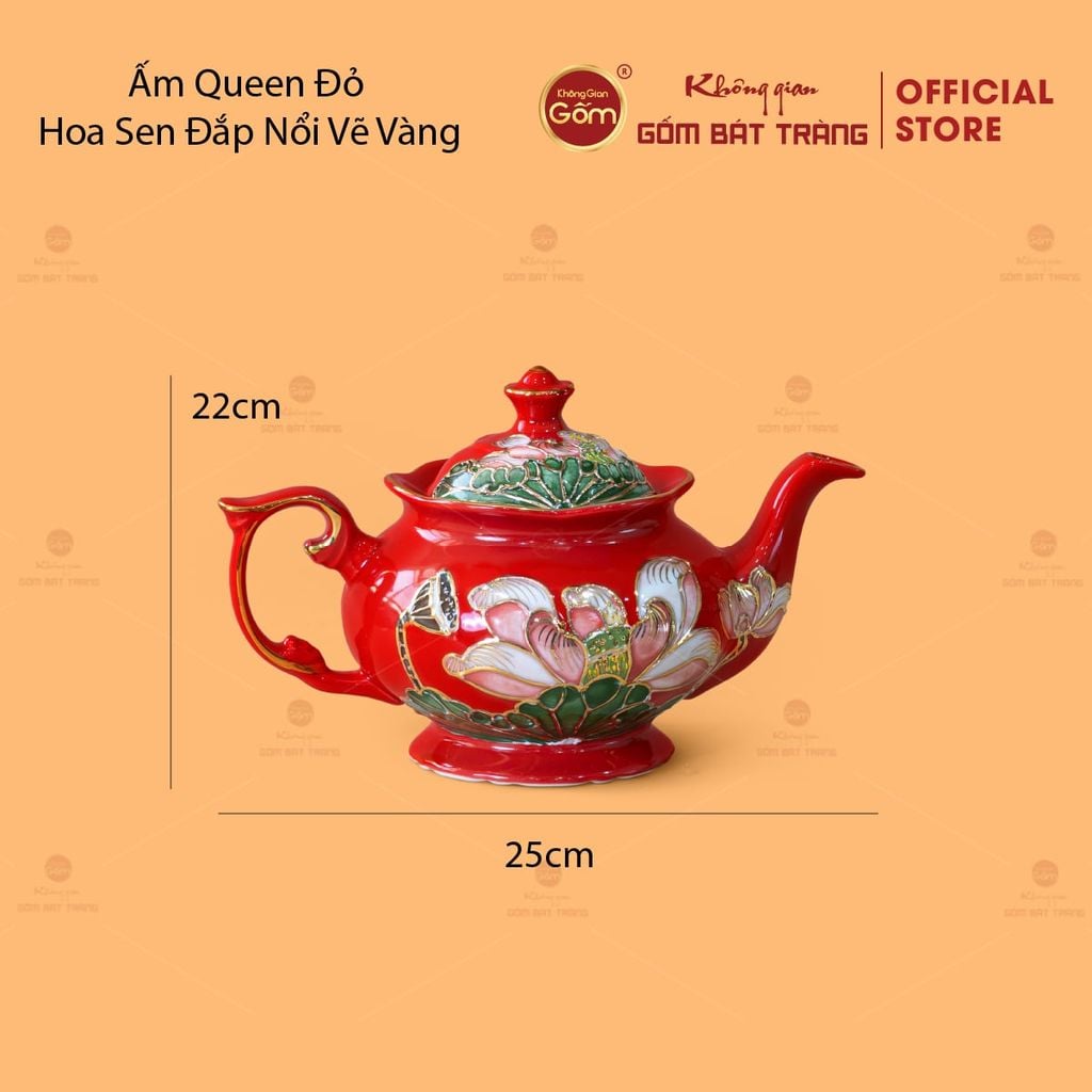 Bộ Ấm Chén Queen Đỏ Hoa Sen Đắp Nổi Vẽ Vàng