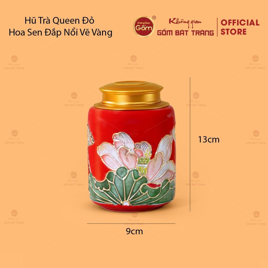 Bộ Ấm Chén Queen Đỏ Hoa Sen Đắp Nổi Vẽ Vàng