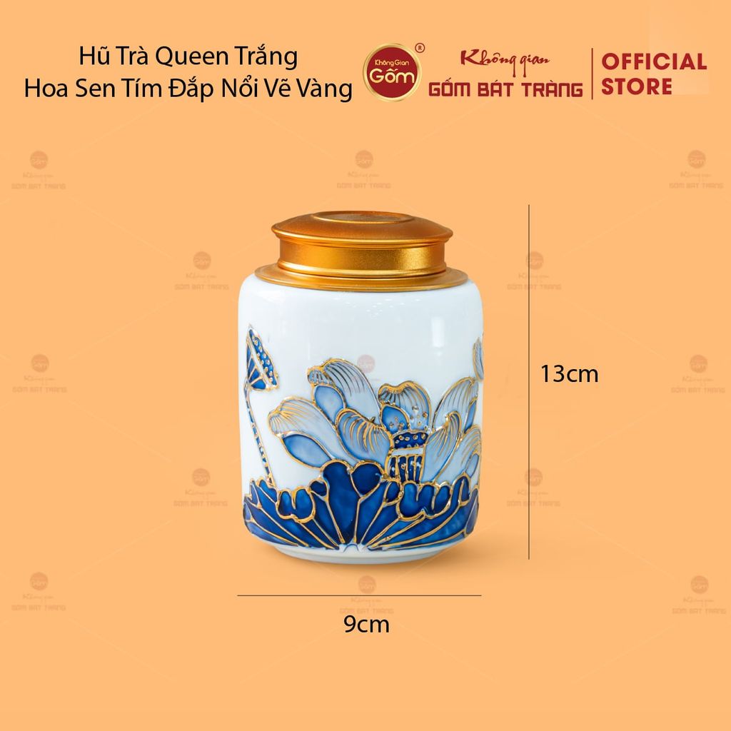 Bộ Ấm Chén Queen Trắng Hoa Sen Tím Đắp Nổi Vẽ Vàng
