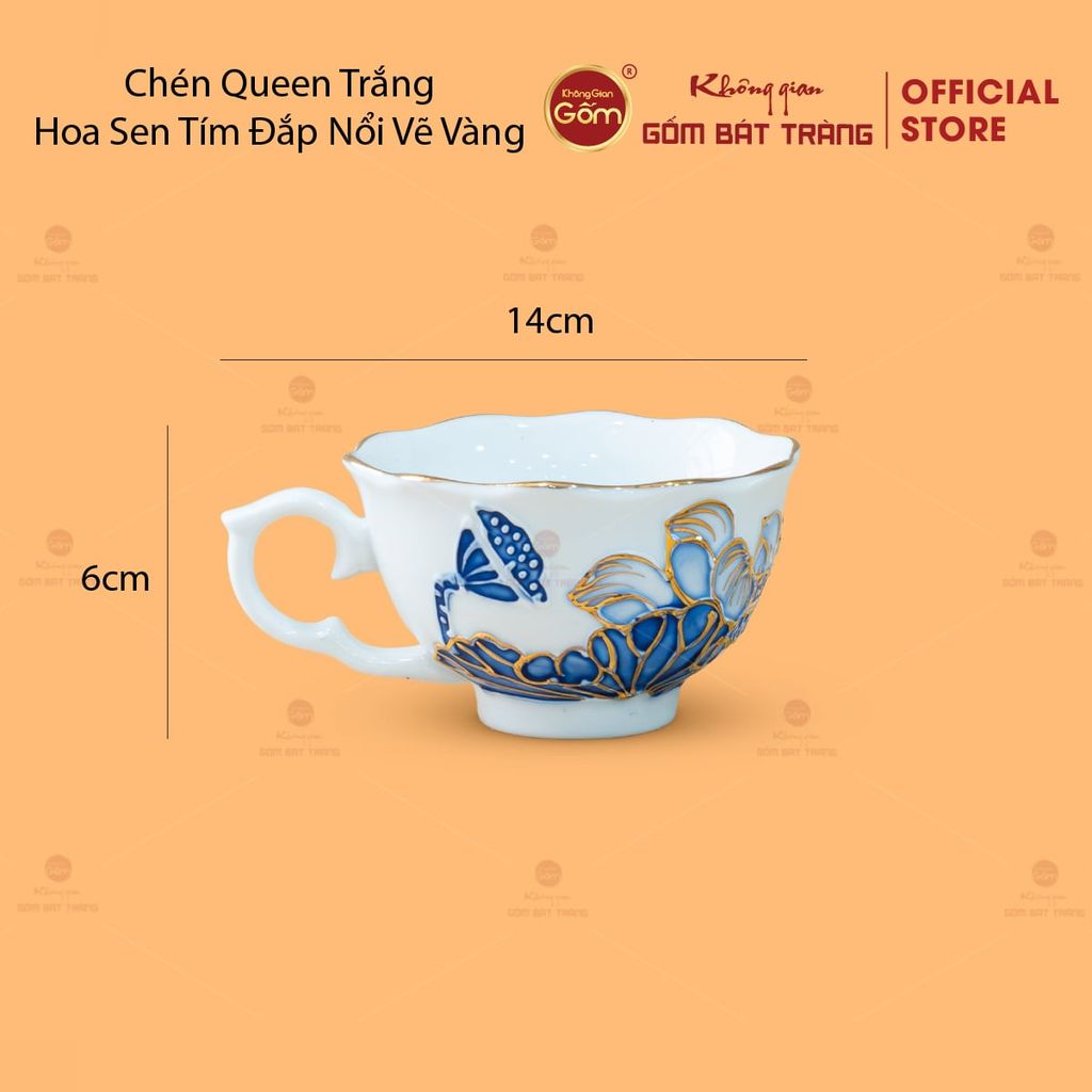 Bộ Ấm Chén Queen Trắng Hoa Sen Tím Đắp Nổi Vẽ Vàng