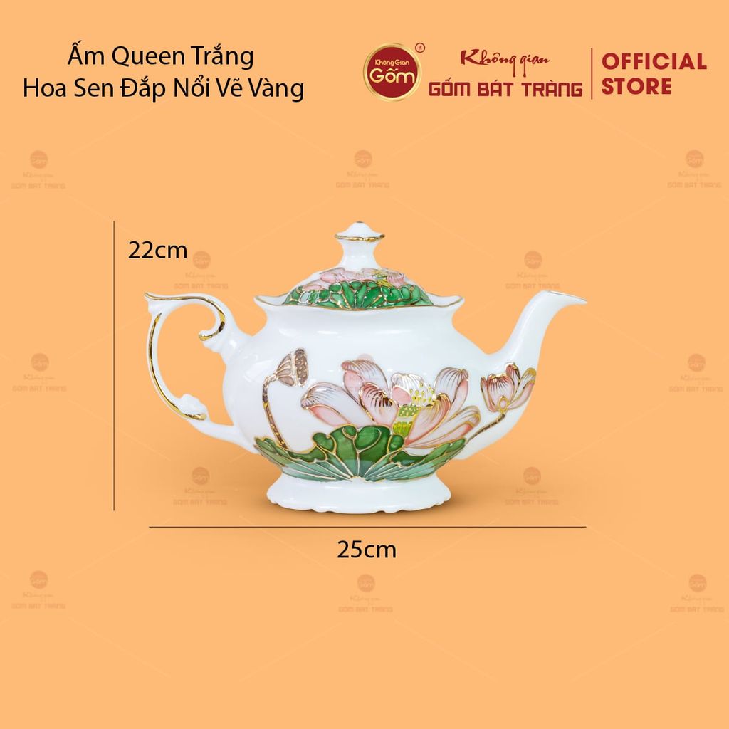 Bộ Ấm Chén Queen Trắng Hoa Sen Xanh Đắp Nổi Vẽ Vàng