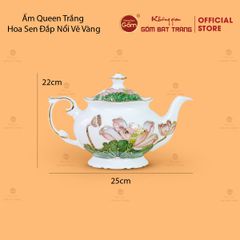 Bộ Ấm Chén Queen Trắng Hoa Sen Xanh Đắp Nổi Vẽ Vàng