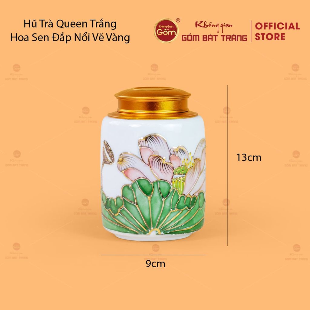 Bộ Ấm Chén Queen Trắng Hoa Sen Xanh Đắp Nổi Vẽ Vàng