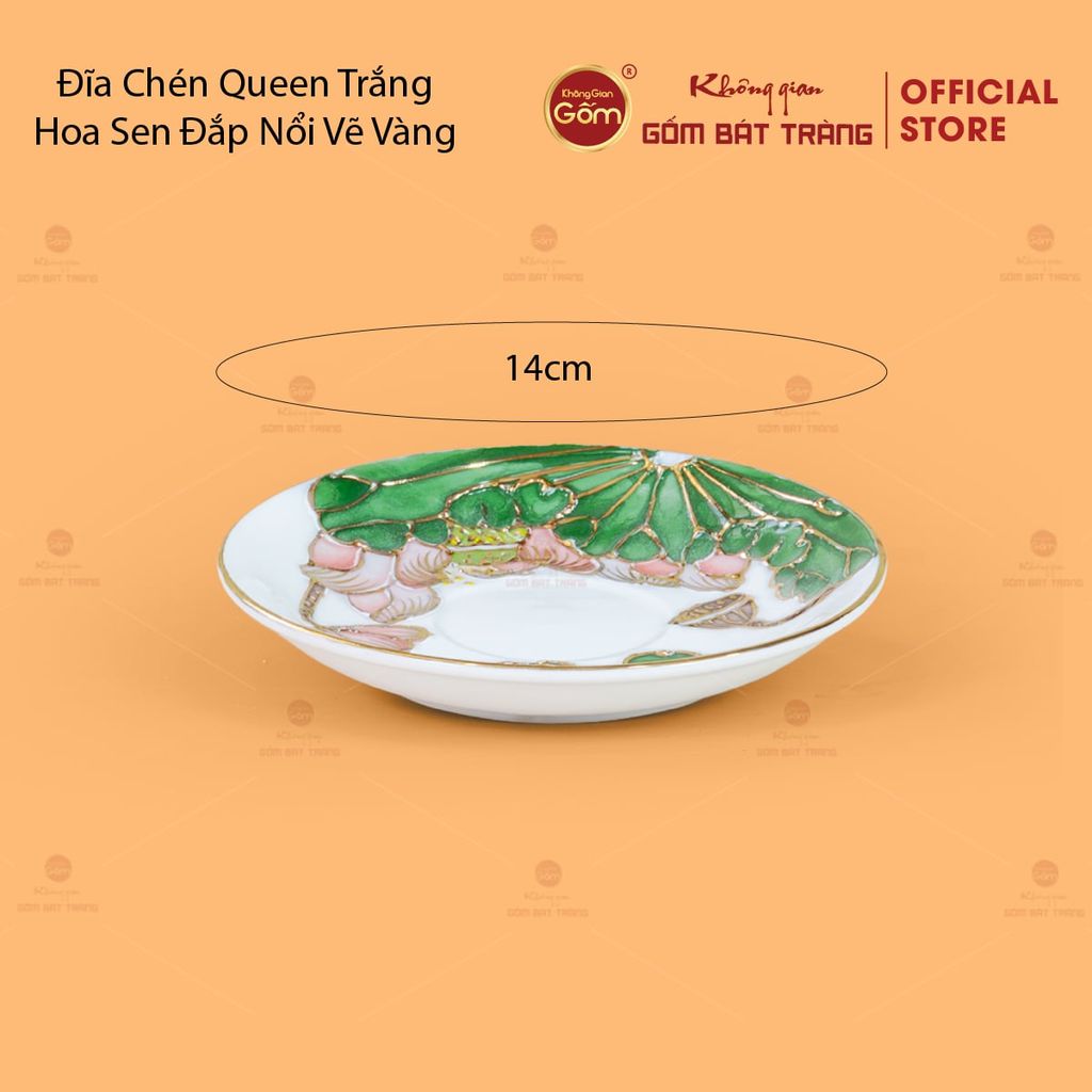 Bộ Ấm Chén Queen Trắng Hoa Sen Xanh Đắp Nổi Vẽ Vàng