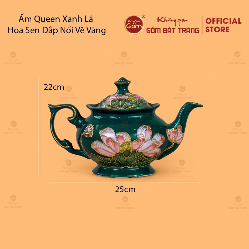 Bộ Ấm Chén Queen Xanh Lá Hoa Sen Đắp Nổi Vẽ Vàng