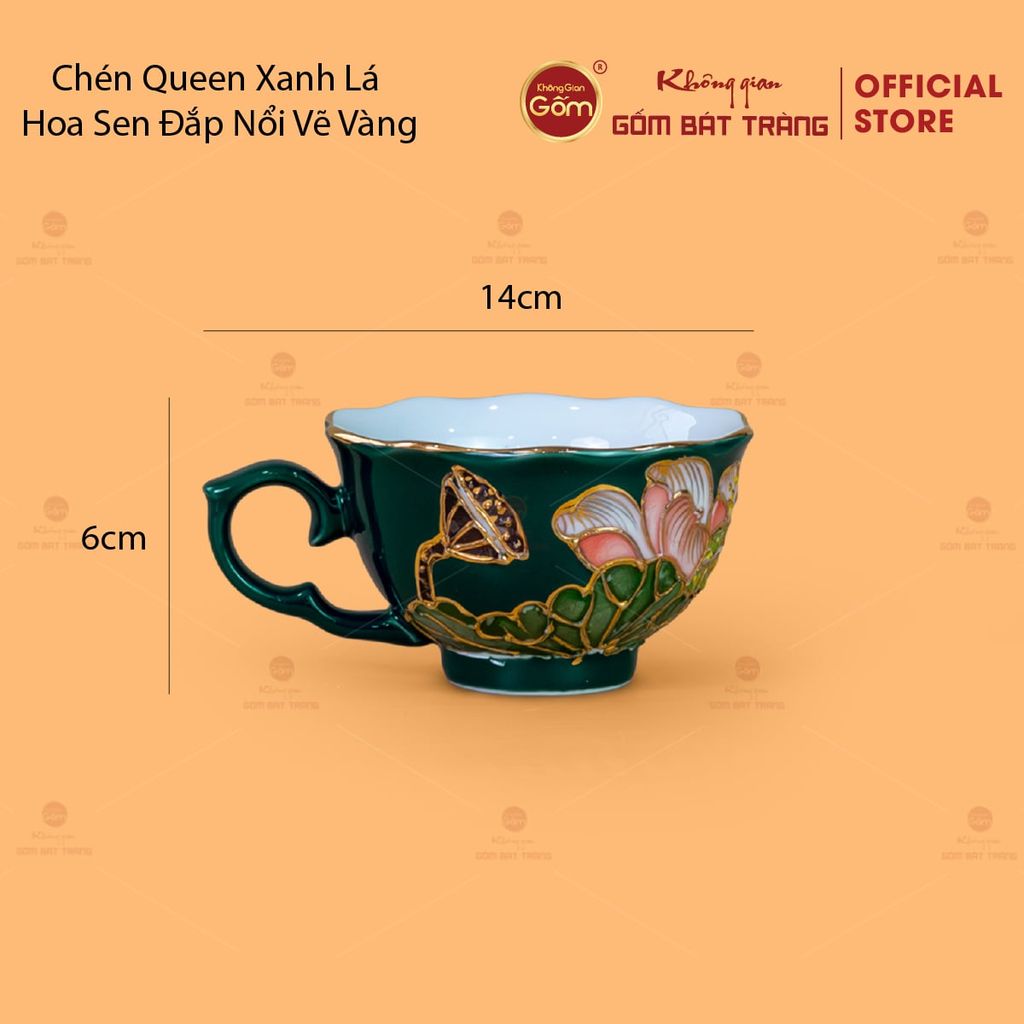 Bộ Ấm Chén Queen Xanh Lá Hoa Sen Đắp Nổi Vẽ Vàng