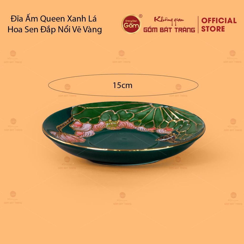 Bộ Ấm Chén Queen Xanh Lá Hoa Sen Đắp Nổi Vẽ Vàng