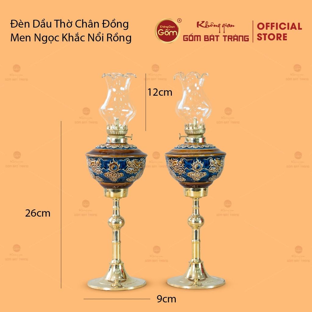 Đèn Dầu Thờ Chân Đồng Men Ngọc Khắc Nổi Rồng