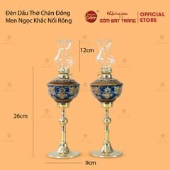 Đèn Dầu Thờ Chân Đồng Men Ngọc Khắc Nổi Rồng