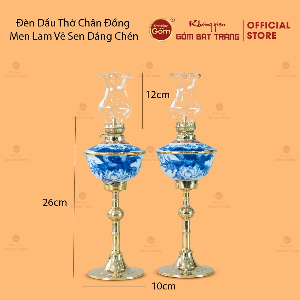 Đèn Dầu Thờ Chân Đồng Men Lam Vẽ Sen Dáng Chén