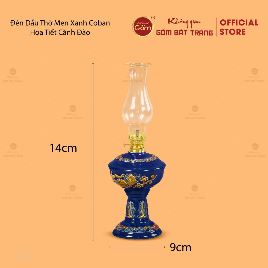 Đèn Dầu Thờ Men Xanh Coban Hoạ Tiết Hoa Đào