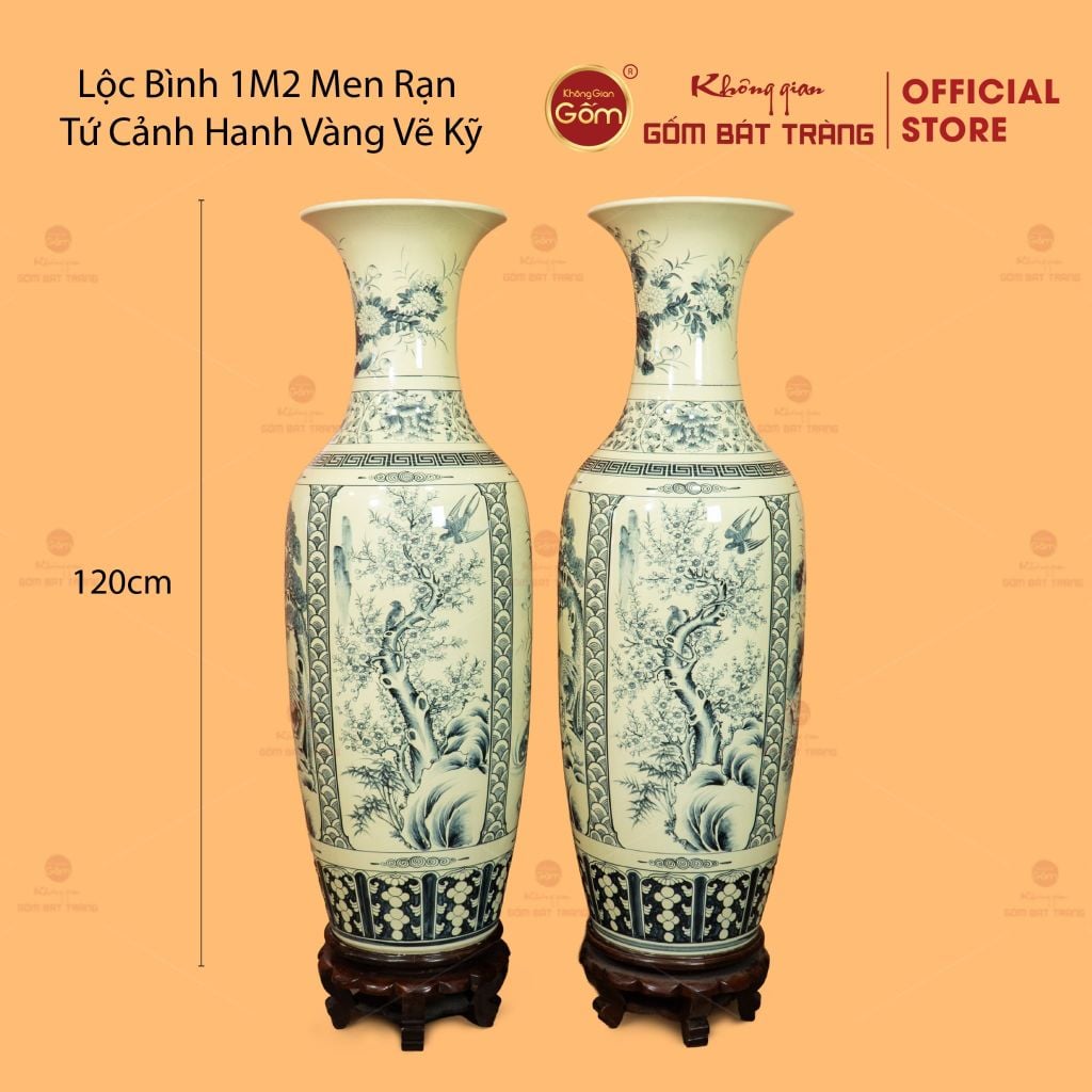 Lộc Bình 1M2 Men Rạn Tứ Cảnh Hanh Vàng Vẽ Kỹ