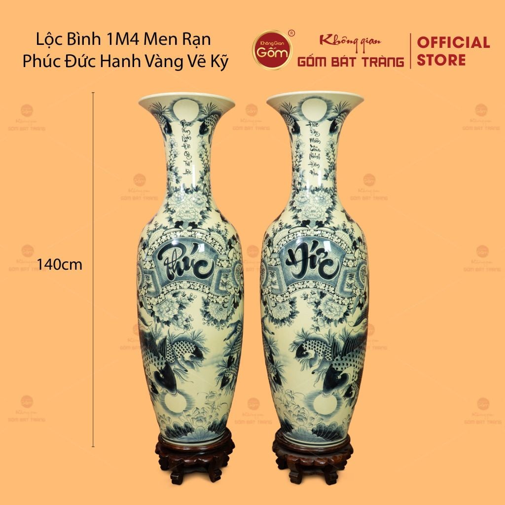 Lộc Bình 1M4 Men Rạn Phúc Đức Hanh Vàng Vẽ Kỹ