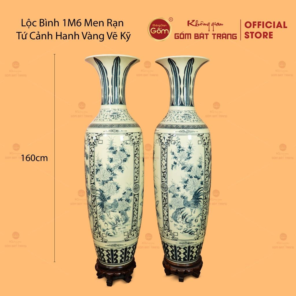 Lộc Bình 1M6 Men Rạn Tứ Cảnh Hanh Vàng Vẽ Kỹ