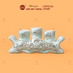 Kỷ Ngai 3 Chén Thờ Men Ngọc Hoàng Tộc Vẽ Vàng Cuốn Thư
