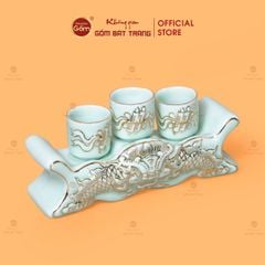 Kỷ Ngai 3 Chén Thờ Men Ngọc Hoàng Tộc Vẽ Vàng Cuốn Thư