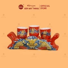 Kỷ Ngai 3 Chén Thờ Men Đỏ Họa Tiết Cuốn Thư