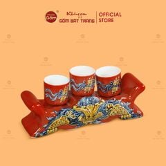 Kỷ Ngai 3 Chén Thờ Men Đỏ Họa Tiết Cuốn Thư