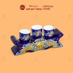 Kỷ Ngai 3 Chén Thờ Men Xanh Coban Họa Tiết Cuốn Thư