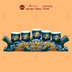 Kỷ Ngai 5 Chén Thờ Men Lục Họa Tiết Cuốn Thư