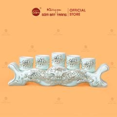 Kỷ Ngai 5 Chén Thờ Men Ngọc Hoàng Tộc Vẽ Vàng Cuốn Thư