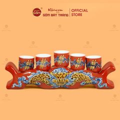 Kỷ Ngai 5 Chén Thờ Men Đỏ Họa Tiết Cuốn Thư