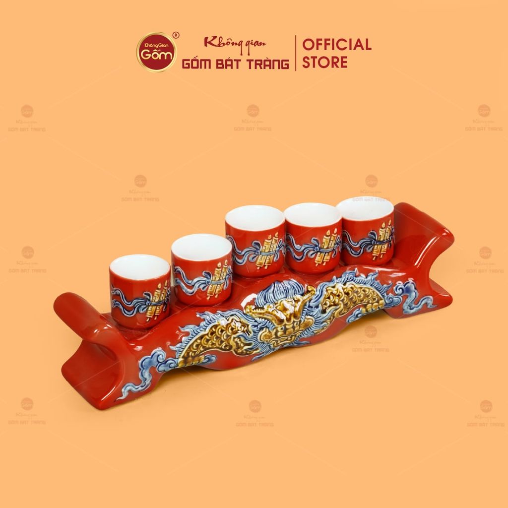 Kỷ Ngai 5 Chén Thờ Men Đỏ Họa Tiết Cuốn Thư