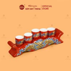 Kỷ Ngai 5 Chén Thờ Men Đỏ Họa Tiết Cuốn Thư