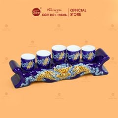Kỷ Ngai 5 Chén Thờ Men Xanh Coban Họa Tiết Cuốn Thư