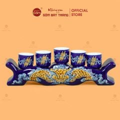 Kỷ Ngai 5 Chén Thờ Men Xanh Coban Họa Tiết Cuốn Thư