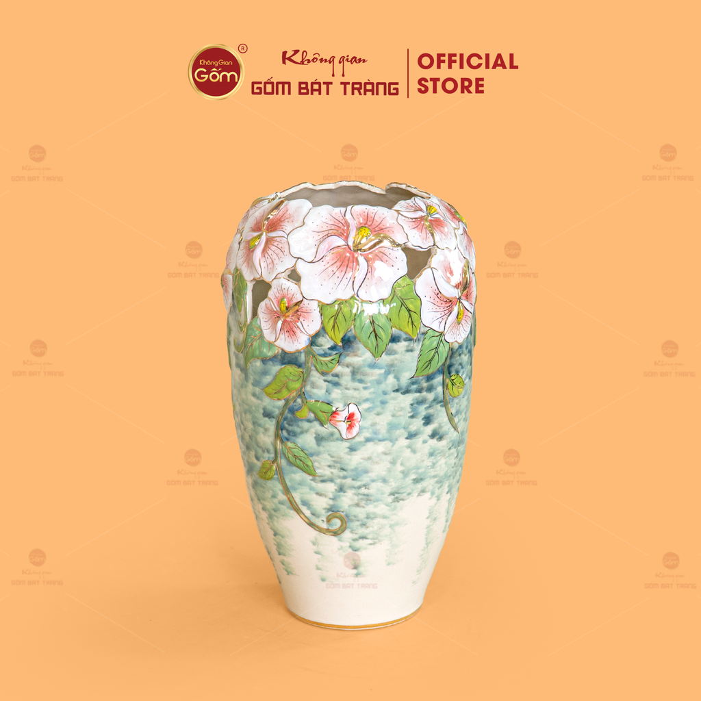 Lọ Hoa Anh Thảo Cổ Hoa Đắp Nổi Vẽ Vàng