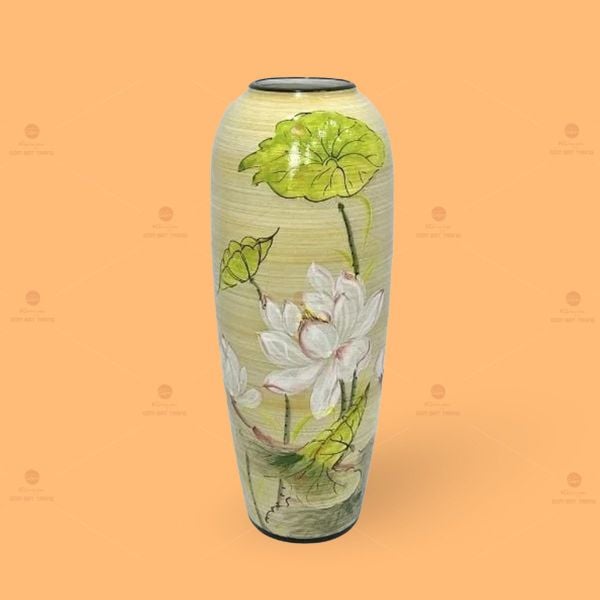 Lọ hoa dáng bom men nâu họa tiết hoa sen