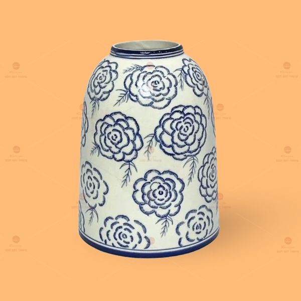 Lọ hoa dáng chuông men lam vẽ hoa hồng