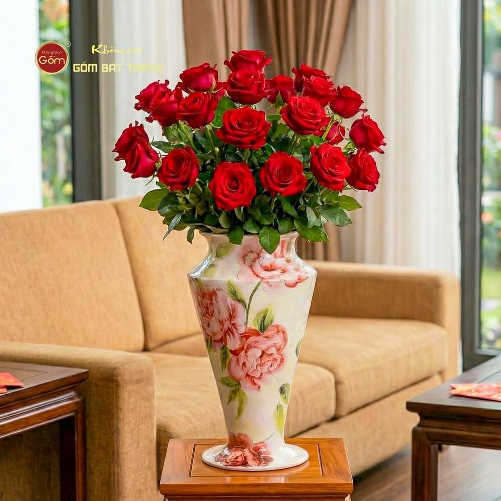 Lọ Hoa Dáng Cúp Miệng Loe Vẽ Hoa