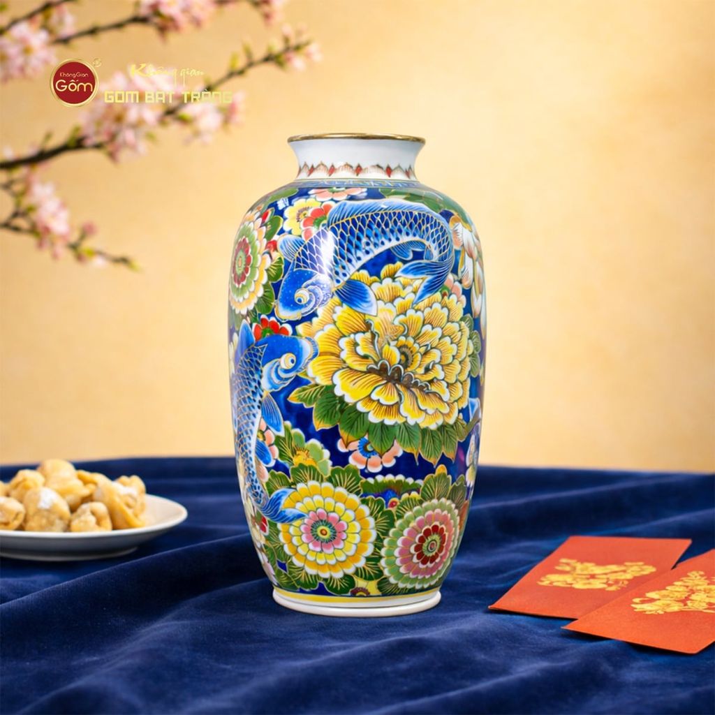 Lọ Hoa Dáng Ống Hoa Sen Chép Vẽ Vàng