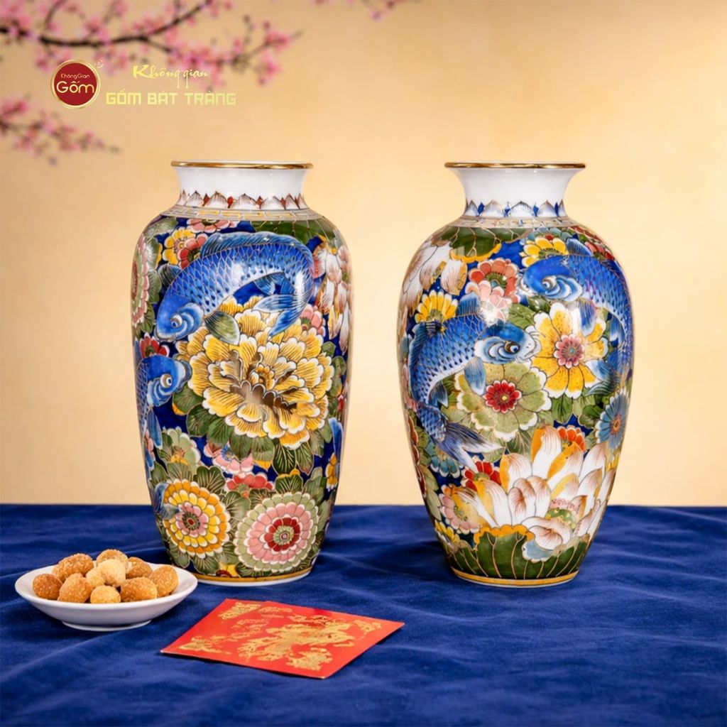 Lọ Hoa Dáng Ống Hoa Sen Chép Vẽ Vàng