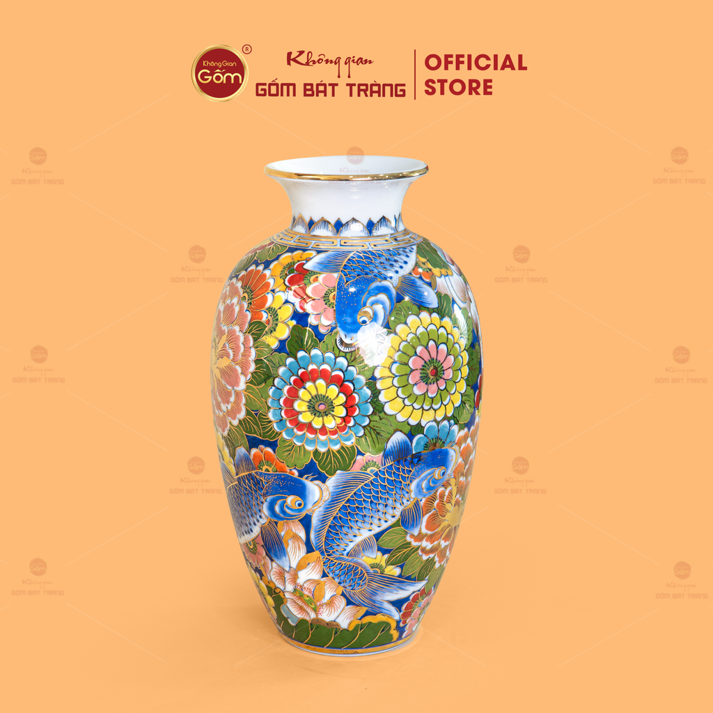 Lọ Hoa Dáng Vò Dưa Hấu Hoa Sen Chép Vẽ Vàng