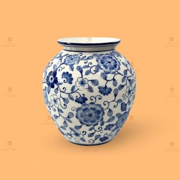 Lọ hoa gốm dáng vò men lam họa tiết dây hoa