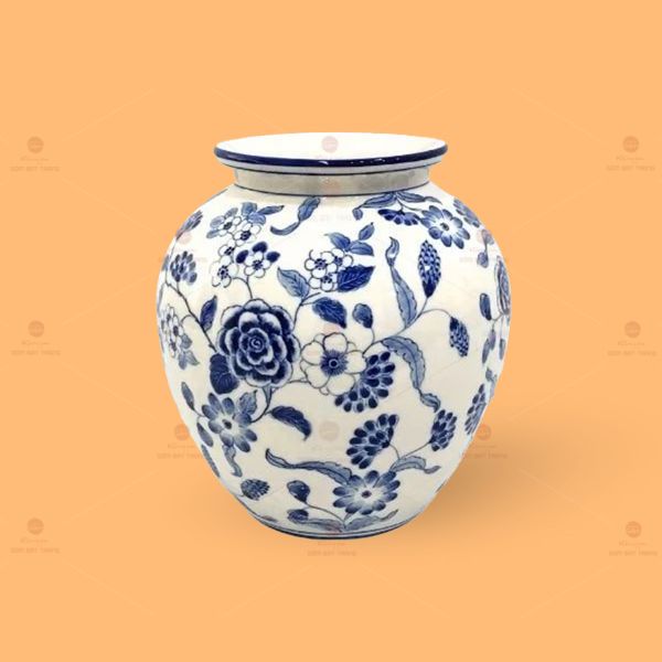 Lọ hoa gốm dáng vò men lam vẽ hoa