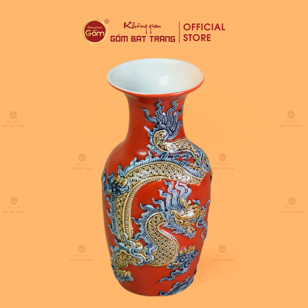 Lọ Hoa Men Đỏ Họa Tiết Cá Chép Hóa Rồng