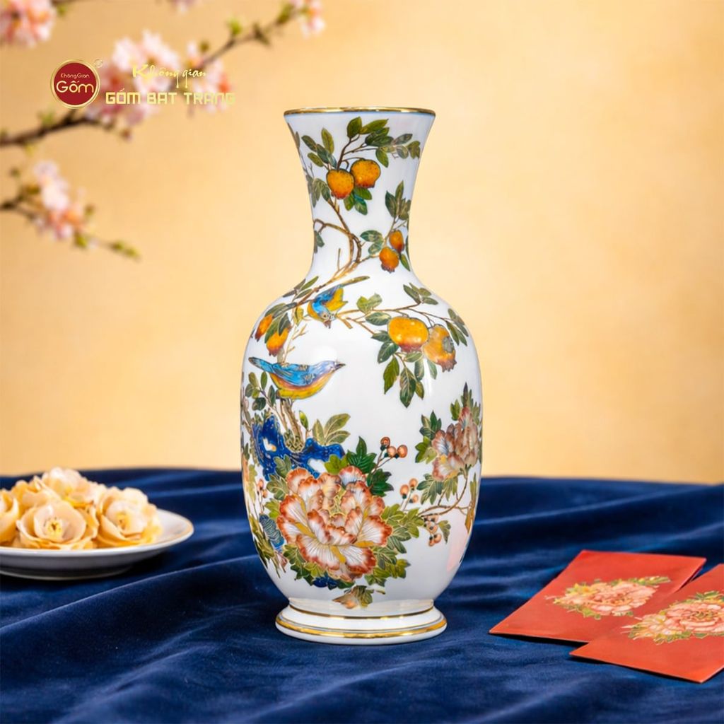 Lọ Hoa Men Màu Chim Én Lựu Vẽ Vàng