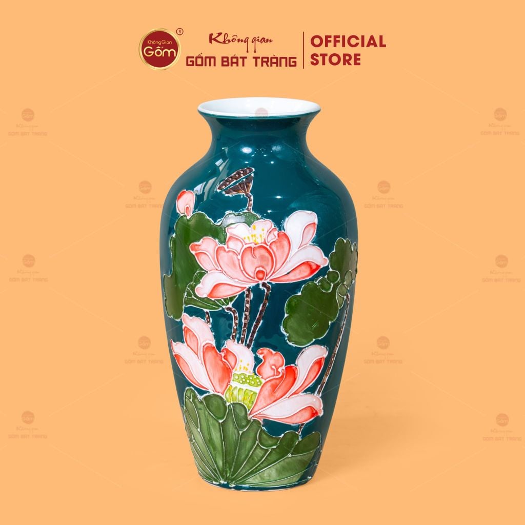 Lọ Hoa Men Màu Đắp Nổi Hoa Sen