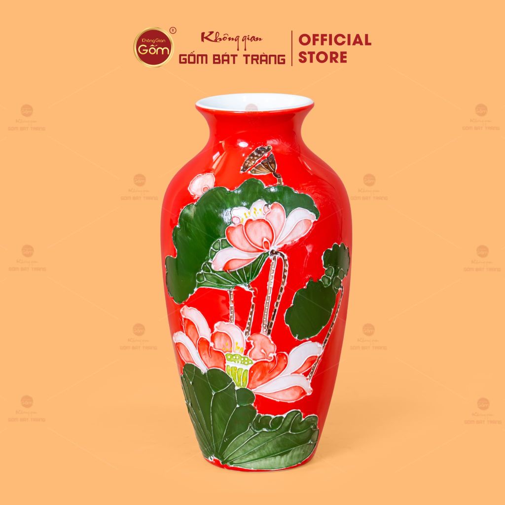 Lọ Hoa Men Màu Đắp Nổi Hoa Sen