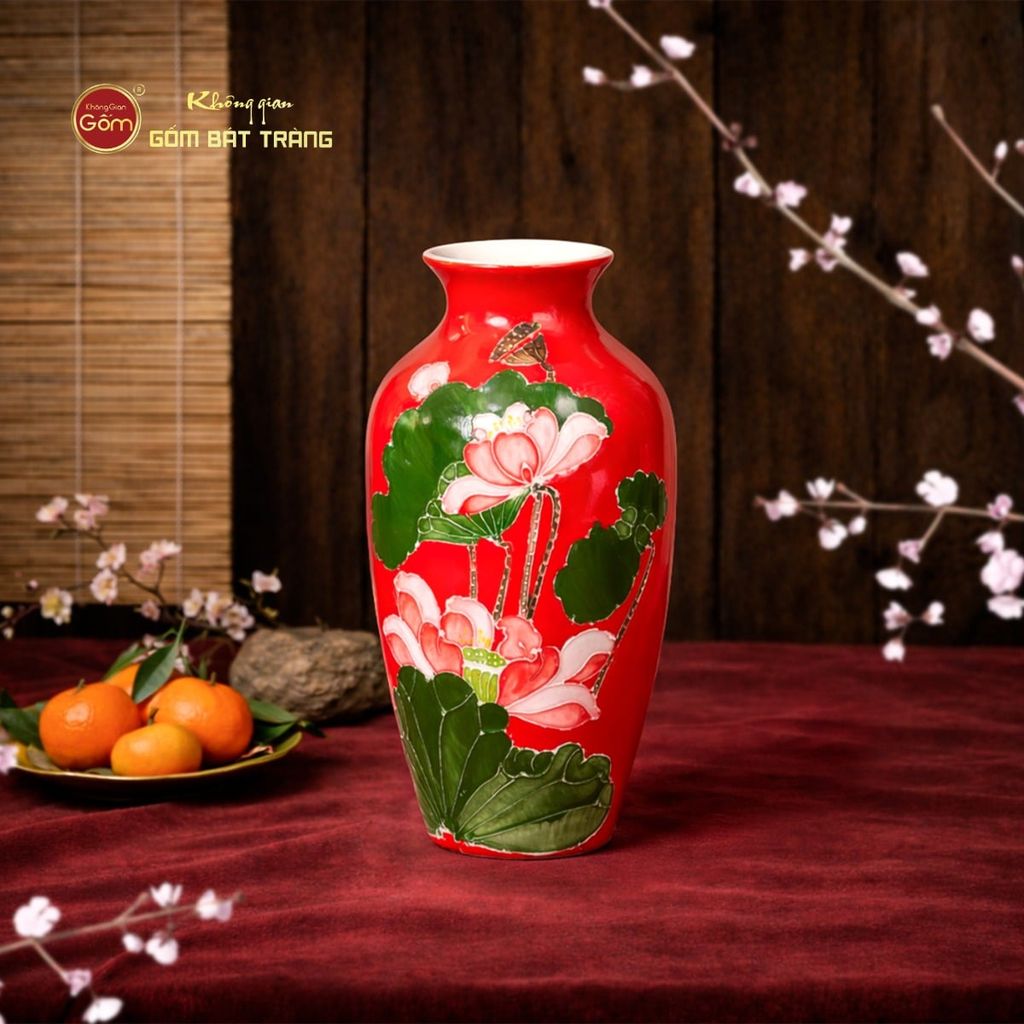 Lọ Hoa Men Màu Đắp Nổi Hoa Sen