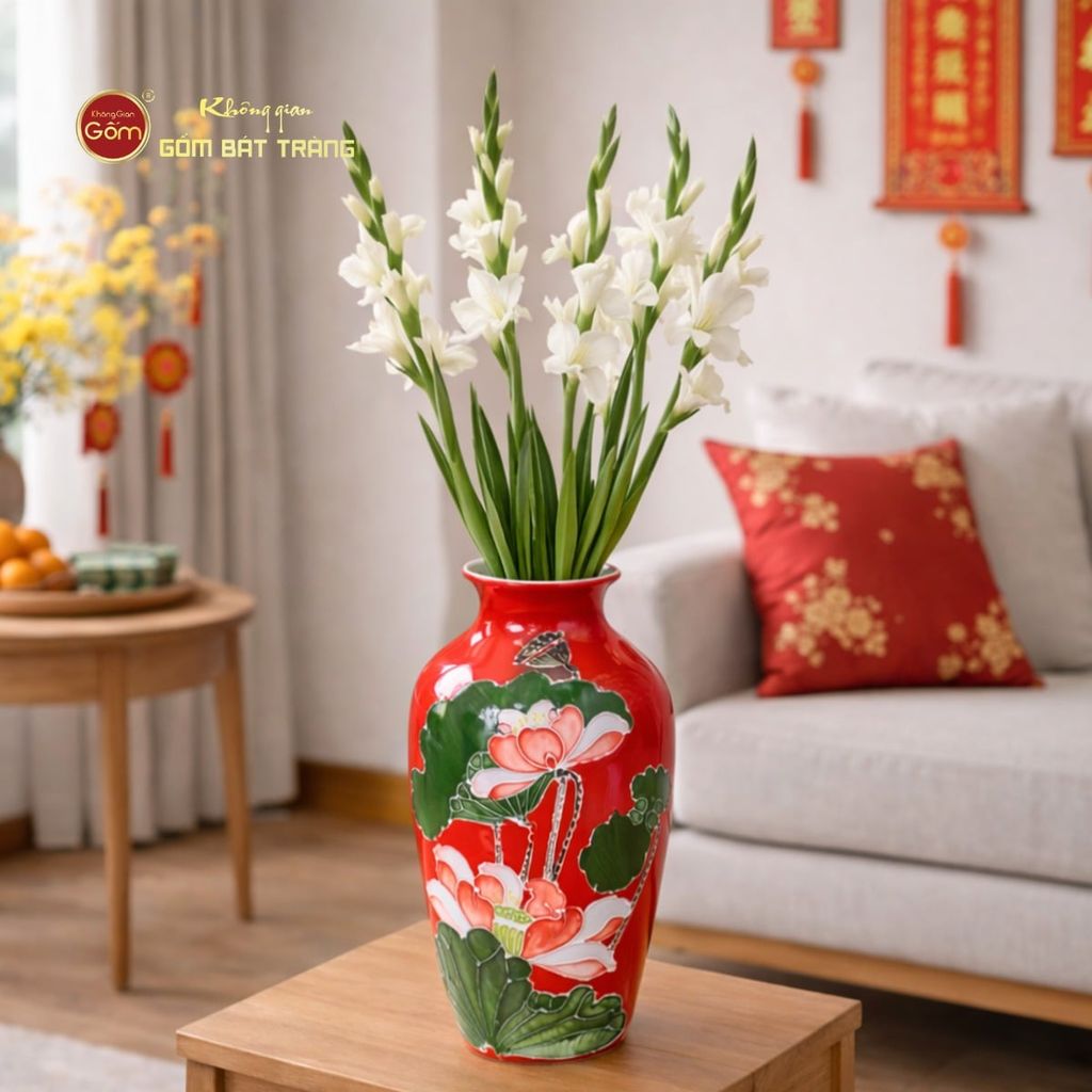 Lọ Hoa Men Màu Đắp Nổi Hoa Sen