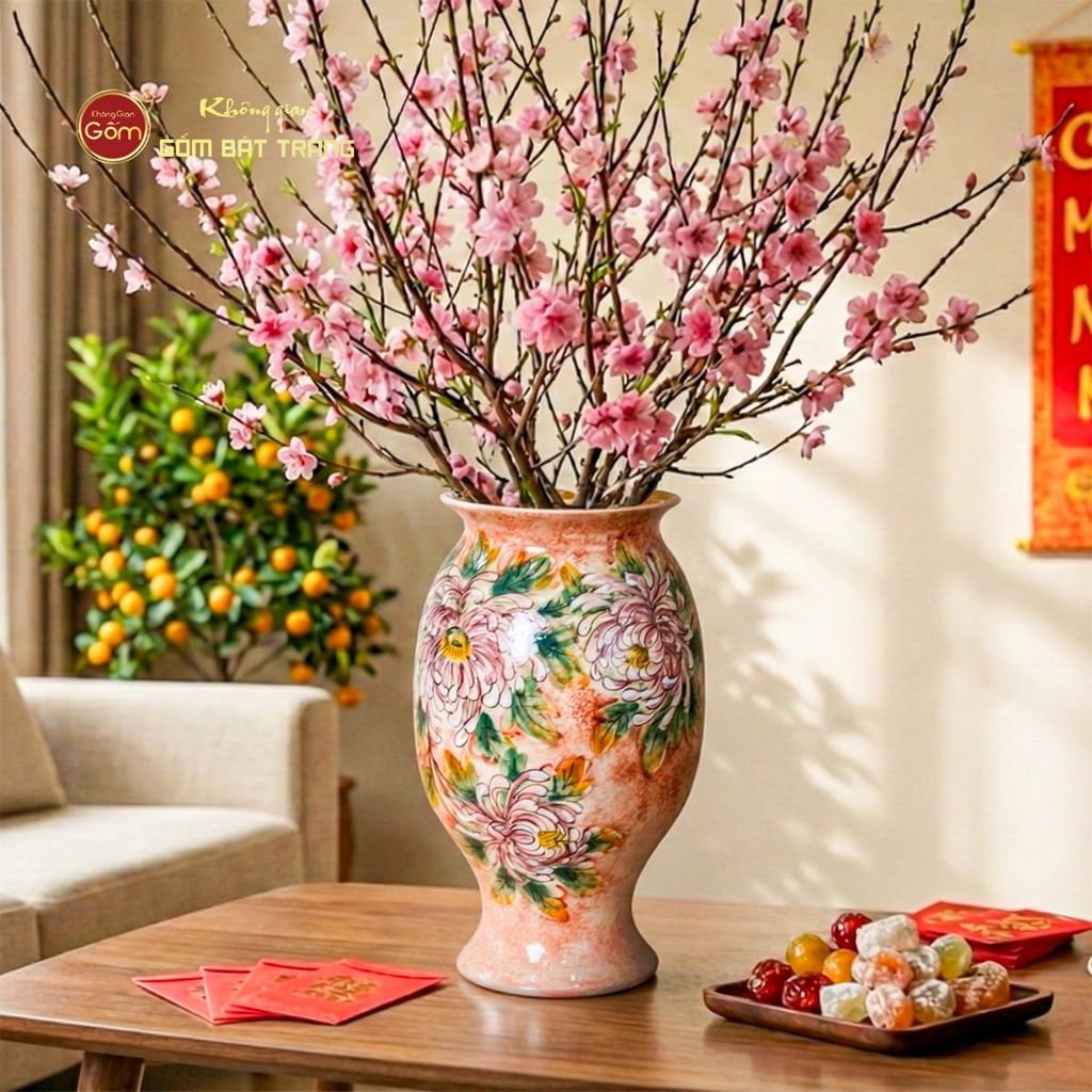 Lọ Hoa Miệng Loe Dáng Bầu Vẽ Hoa