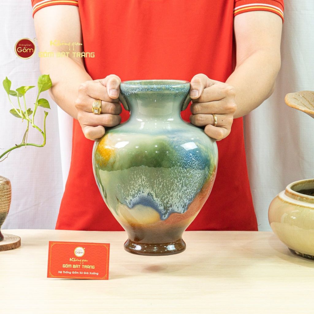 Lọ Hoa Tai Cúp Men Chảy Họa Tiết Búp Sen