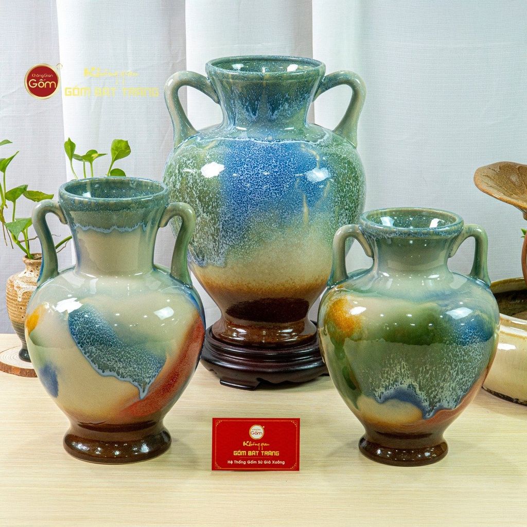 Lọ Hoa Tai Cúp Men Chảy Họa Tiết Búp Sen